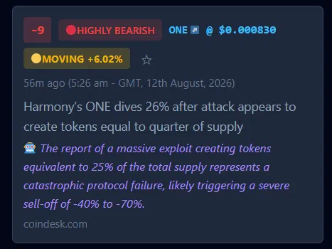 Yemcaster signal: ONE graded −9, highly bearish — Harmony's ONE dives after exploit creating tokens equal to a quarter of supply
