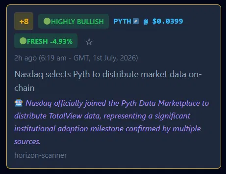 Yemcaster signal: PYTH graded +8, highly bullish — Nasdaq selects Pyth to distribute market data on-chain