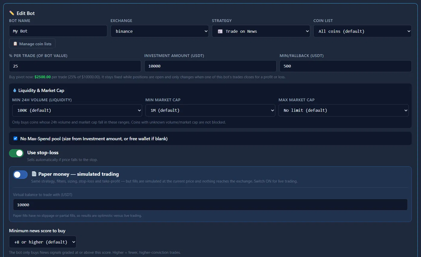 Yemcaster Auto Trading Bot settings: exchange, strategy, percentage per trade, liquidity and market-cap filters, stop-loss and paper money toggles, and minimum news score